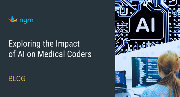 Blog title and image of artificial intelligence and a medical coder working at a computer