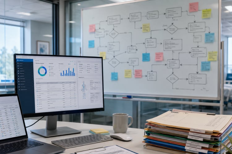 Image showing a process on a whiteboard, a stack of medical files, and a laptop with a dashboard on the screen