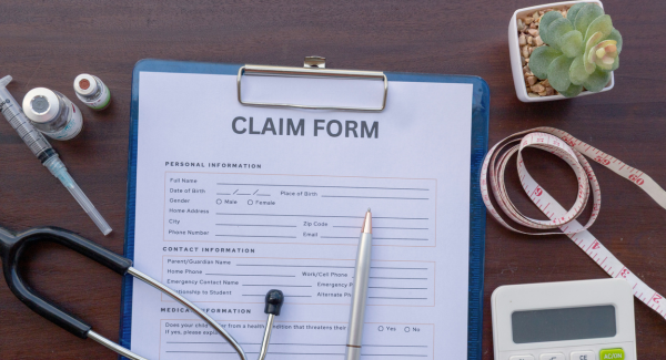 Image of a medical claim form on a wooden desk