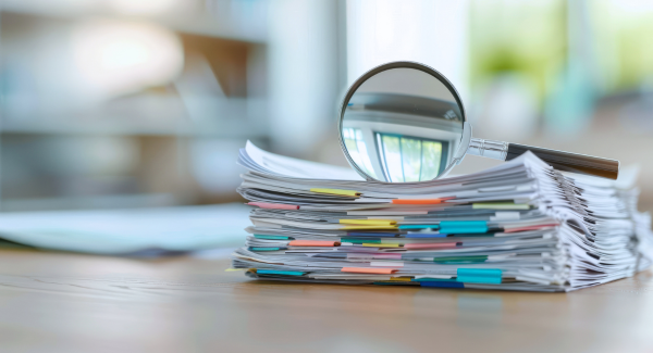 Image of a stack of files with a magnifying glass on top of it